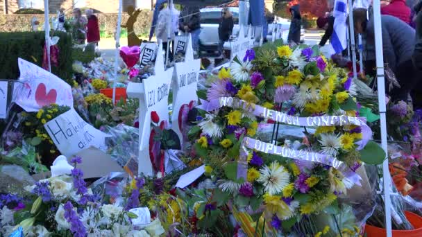 2018 ペンシルベニア州ピッツバーグのツリー ライフ シナゴーグで行われた人種差別的憎悪犯罪集団銃撃事件の犠牲者への追悼 — ストック動画