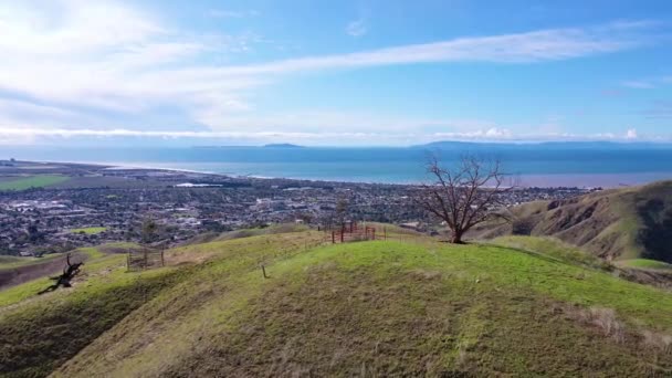 2020 Antenna Csendes Óceáni Tengerparti Zöld Dombok Hegyek Mögött Ventura — Stock videók