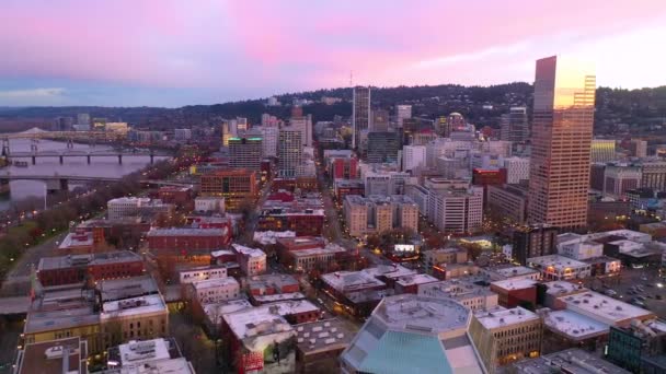 Aerial Downtown Business District Portland Oregon Sunset Dusk — Stock Video