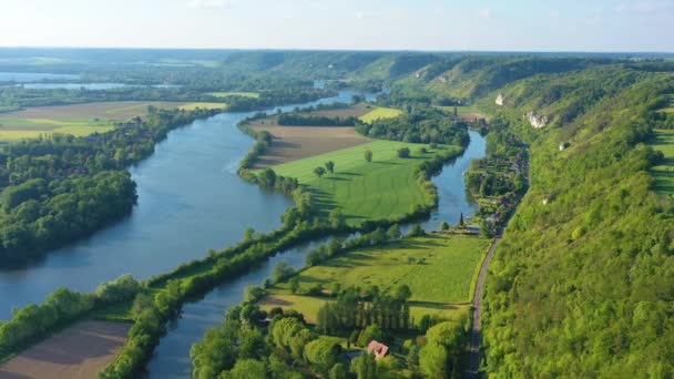 Udara Yang Sangat Baik Atas Seine River Valley Dekat Les — Stok Video