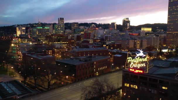 Night Aerial Portland Oregon Stag Deer Sign Downtown Old Town — Stock Video