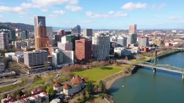 Boa Antena Sobre Portland Oregon Distrito Negócios Baixa — Vídeo de Stock
