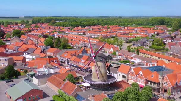 Aerial Classic Dutch Holland Town Prominent Windmill Sluis Netherlands — Stock Video