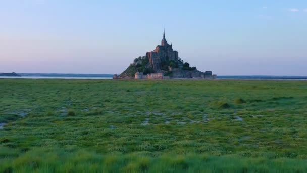 Schöne Tagsüber Aufsteigende Antenne Über Grasfeldern Mit Dem Kloster Mont — Stockvideo