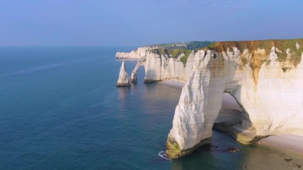 Nice Aerial White Limestone Cliffs Arches Etretat France English Channel — Stock Video