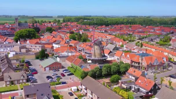 Aerial Classic Dutch Holland Town Prominent Windmill Sluis Netherlands — Stock Video