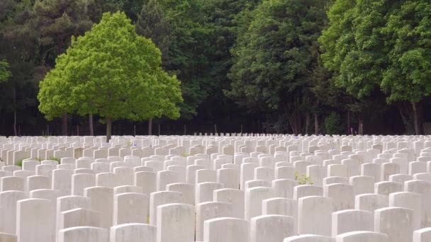 Upprättande Skjutna Gravstenar Etaples Frankrike World War Kyrkogård Militär Kyrkogård — Stockvideo
