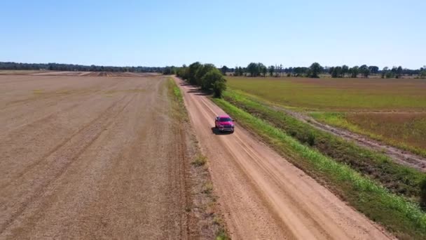 Vue Aérienne Une Camionnette Rouge Circulant Sur Chemin Terre Dans — Video