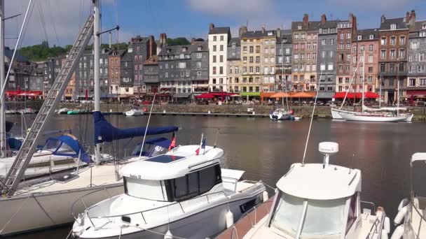 Piękne Ustanowienie Honfleur Francja Starymi Kolorowymi Budynkami Jachty Żaglówki Porcie — Wideo stockowe