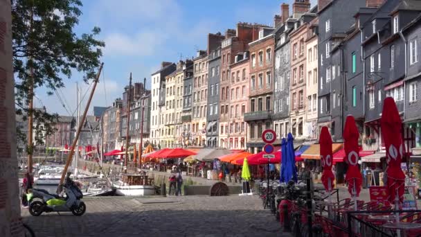 Piękne Ustanowienie Honfleur Francja Starymi Kolorowymi Budynkami Kawiarniami — Wideo stockowe