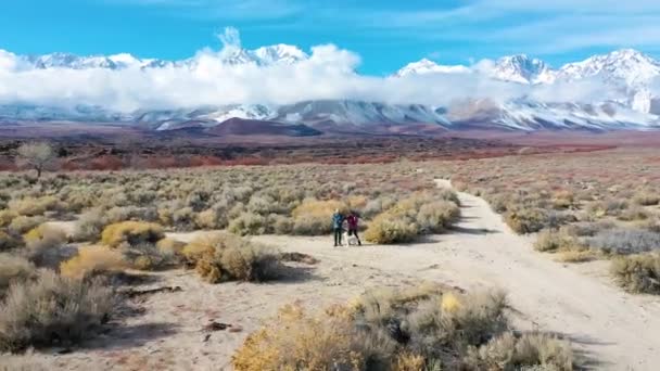 カリフォルニア州ビショップ近くの東シエラの雪に覆われた山の前で 2020年に美しい上昇する空飛ぶカップルと犬 — ストック動画