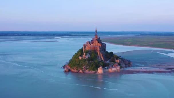 Vacker Antenn Bild Mont Saint Michel Normandie Frankrike Solnedgången Ljus — Stockvideo