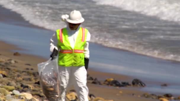 2015 Lavoratori Ripuliscono Dopo Enorme Sforzo Pulizia Della Spiaggia Dopo — Video Stock