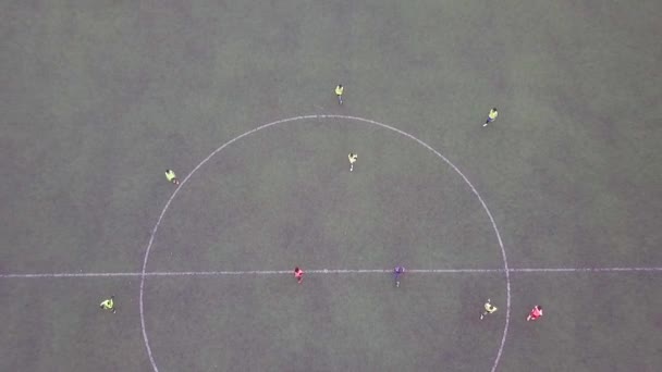 Circa 2018 Godt Dronebilde Barn Som Konkurrerer Fotballkamp Scorer Mål – stockvideo
