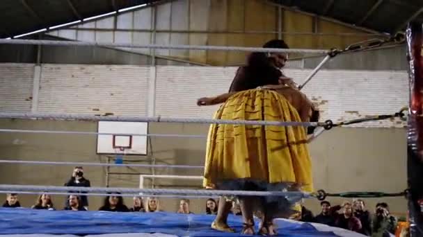 Bolivia Circa 2018 Mujeres Luchadoras Cholita Lucha Disfraces Nativos Ring — Vídeo de stock