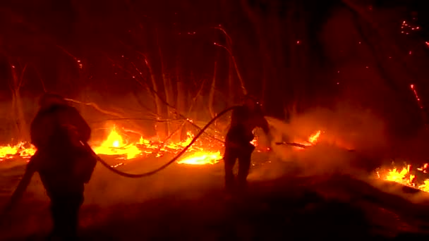 소방관들은 캘리포니아 벤추라 카운티에 토마스 불능이었던 브러시 화재를 진압하기 열심히 — 비디오