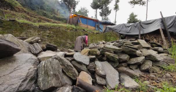 Непальская Женщина Складывает Камни Перед Импровизированным Домом Палаткой После Осталась — стоковое видео