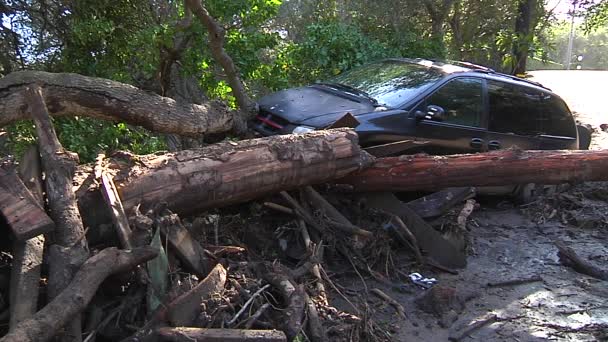 2018 火の乗組員は トーマス火災災害後のカリフォルニア州モンティートの土砂崩れによる損傷を検査します — ストック動画