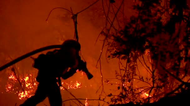 2018 Een Brandweerman Staat Silhouet Vecht Tegen Een Enorme Hillside — Stockvideo