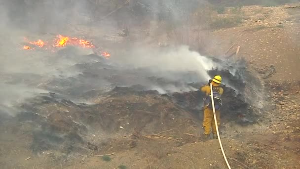 消防士は カリフォルニア州ベンチュラ郡のトーマス火災の間に制御不能に燃えるブラシ火災を含めるために懸命に働く — ストック動画