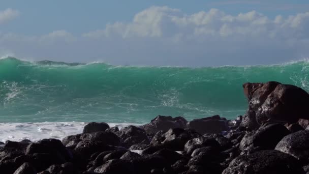 Ondas Azuis Rolam Costa Havaí Quebram Costa — Vídeo de Stock