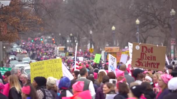 群衆は行進し 詠唱し ワシントンDcの巨大な反トランプ集会でユーモラスな兆候を運ぶ — ストック動画
