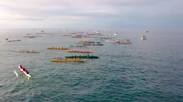 Vacker Antenn Över Många Outrigger Kanoter Början Tävling Hawaii — Stockvideo