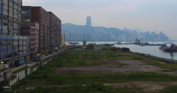 Pan Hong Kong Harbor Foggy Hazy Smoggy Conditions Barges Boats — Stock Video