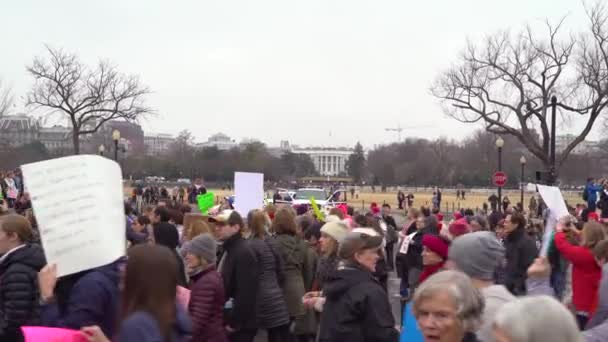 군중들은 워싱턴 열리는 대규모 트럼프 집회에서 행진을 구호를 외치고 플래카드를 — 비디오