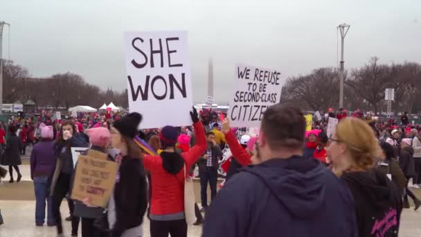 Время Митингов Против Трампа Вашингтоне Демонстранты Держат Плакаты Утверждающие Хиллари — стоковое видео