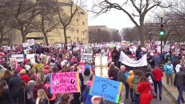 Washington Düzenlenen Trump Karşıtı Mitinglerde Protestocular Tabela Tutuyor Yürüyüş Yapıyorlar — Stok video