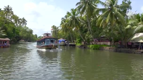 Husbåtar Och Aktiviteter Längs Floden Bakgrunden Kerala Indien — Stockvideo