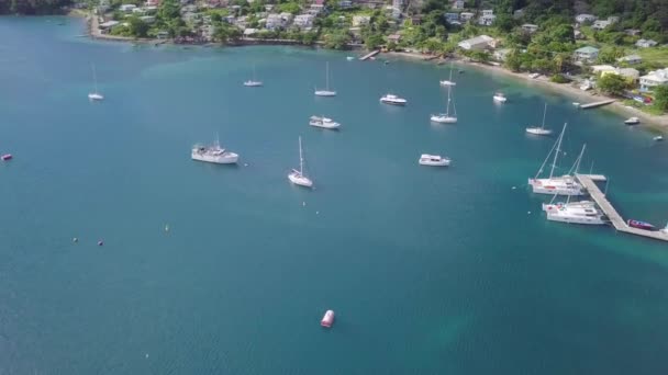 Luftaufnahme Der Karibischen Insel Vincent Mit Blauer Bucht Yachten Hotels — Stockvideo