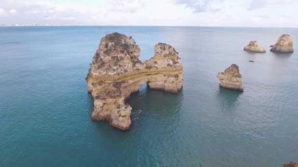 Aerial Lagos Beach Rock Formations Ocean Coastline Portugal — Stock Video