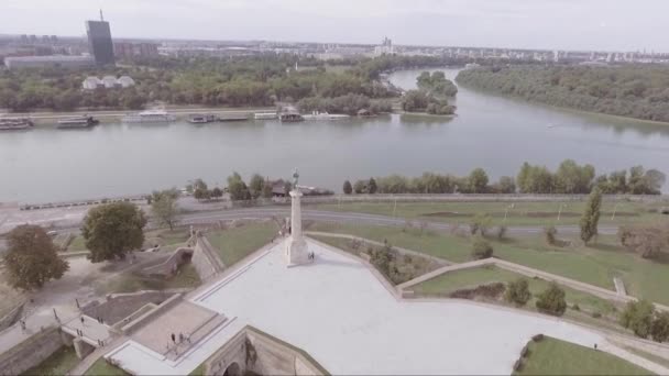 Aérea Pobednik Monumento Estatua Víctor Confluencia Los Ríos Danubio Sava — Vídeos de Stock