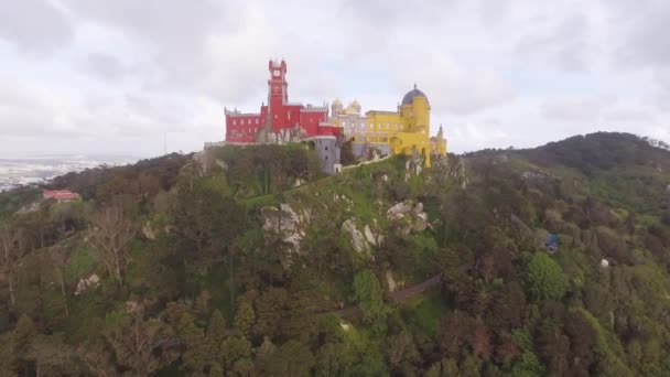 Aerial Multicolored Sintra Castle Portugal — Stock Video