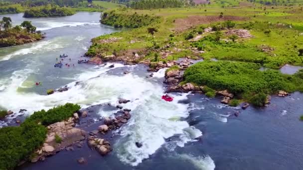 Luchtfoto Spanten Whitewater Rafting Nijl Rivier Oeganda Afrika — Stockvideo