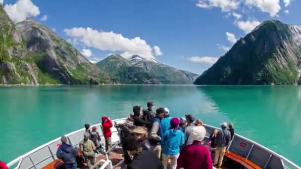 アラスカのトレイシーアームを通過する船の弓 氷山や観光客のPov時間の経過ショット — ストック動画