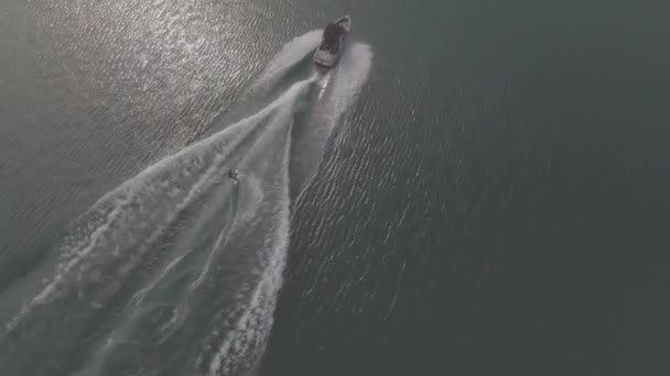 スイス インターラーケンの湖での水上スキーウェイクボードの良い航空機 — ストック動画