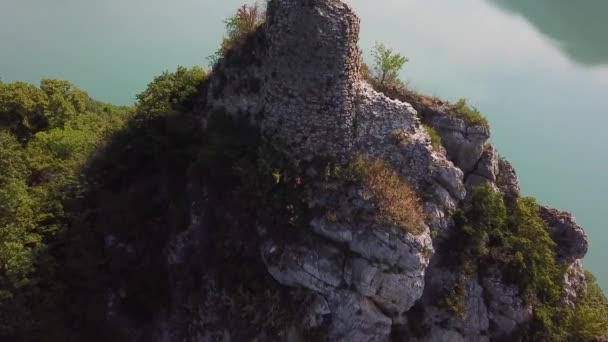 2019 Luftaufnahme Über Einer Verlassenen Ruine Zhinvali See Der Republik — Stockvideo