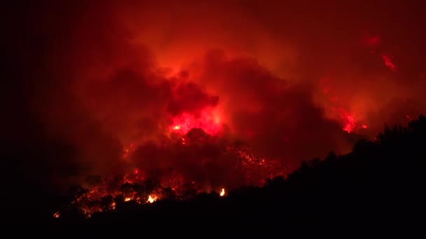 2019 サンタバーバラ近くの洞窟火災としての夜の映像 カリフォルニア州は南カリフォルニアの丘の中腹の広大なエーカーを燃焼 — ストック動画
