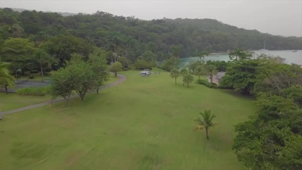 在牙买加一个豪华热带岛屿上的草地上 一架桑德尔度假直升机坐上空中飞行 — 图库视频影像