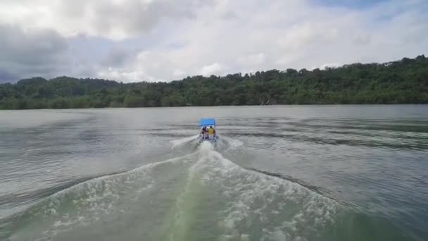 Ένα Μηχανοκίνητο Σκάφος Ταξιδεύει Στον Ποταμό Rio Dulce Στη Γουατεμάλα — Αρχείο Βίντεο