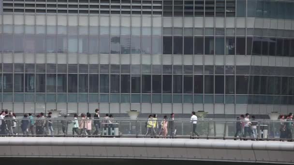 Voetgangers Lopen Langs Voet Van Moderne Gebouwen Aan Waterkant Shanghai — Stockvideo