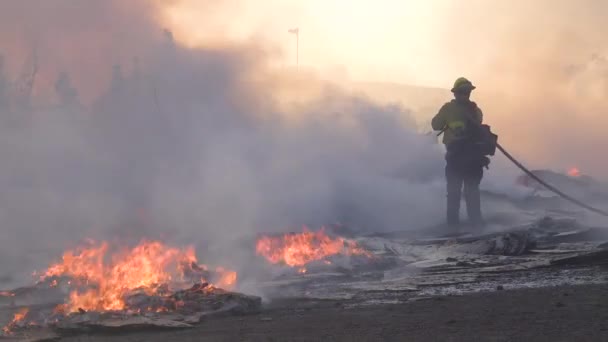 2019年 消防士が南カリフォルニアのシミバレー近くの丘で簡単な火災の山火事災害の間に燃焼構造物と戦う間 パレットと箱が地面に燃えます — ストック動画