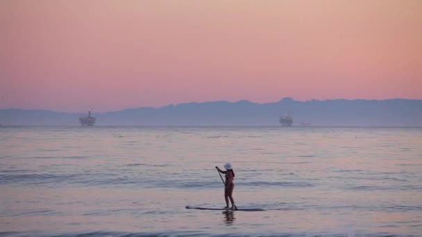 Pádlovací Prkno Řádí Oceánem Při Západu Slunce — Stock video