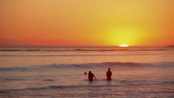 Folk Samlas Och Leker Havet Vid Solnedgången — Stockvideo