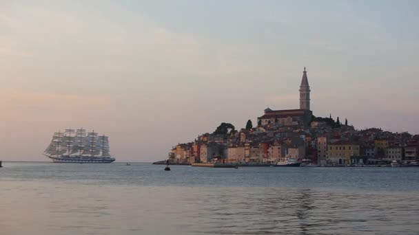 Navio Vela Maciça Aparece Costa Ístria Croácia — Vídeo de Stock
