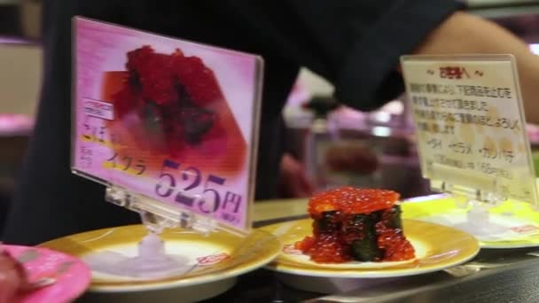 Obiectele Sushi Călătoresc Bandă Transportoare Într Restaurant Din China — Videoclip de stoc
