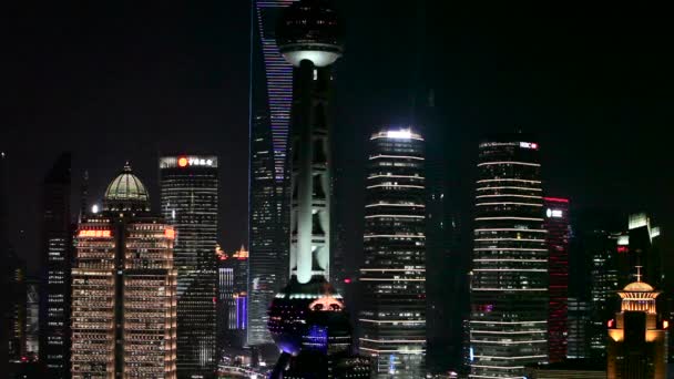 Oprichting Shot Van Skyline Van Sjanghai China Nachts — Stockvideo